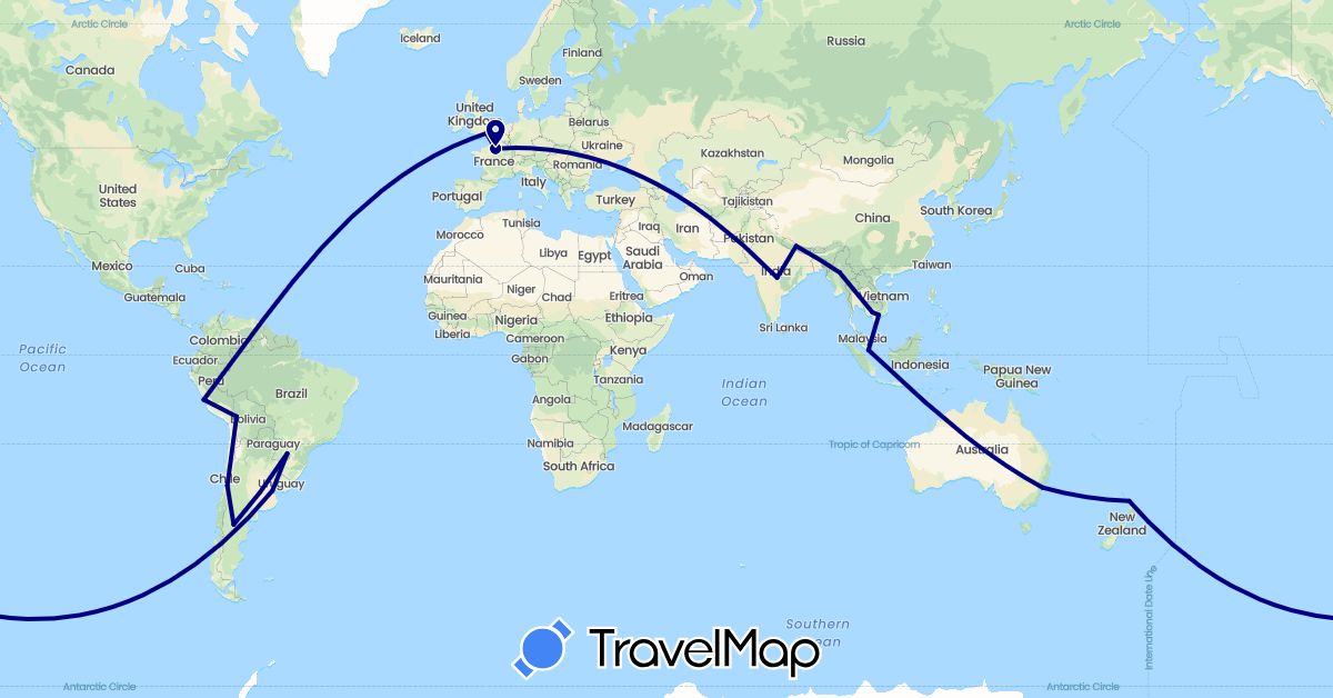 TravelMap itinerary: driving in Argentina, Australia, Bolivia, Chile, France, United Kingdom, India, Cambodia, Myanmar (Burma), Nepal, New Zealand, Peru, Singapore, Vietnam (Asia, Europe, Oceania, South America)